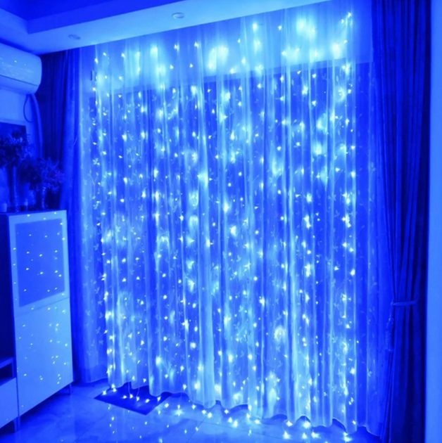 LED гирлянда штора для дома 3х3 м Гирлянда на окно 300 LED от USB Синий Гирлянда штора водопад - изображение 4