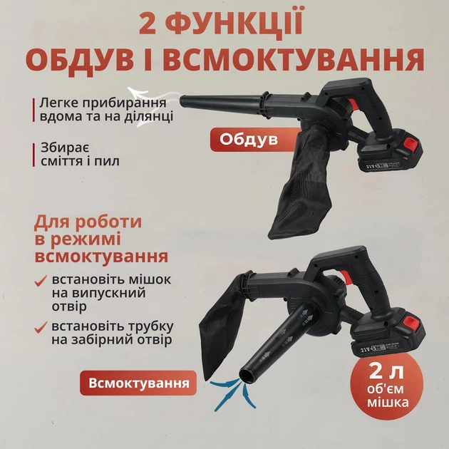Аккумуляторная воздуходувка пылесос на 2 аккумулятора с регулируемой скоростью обдува - изображение 2