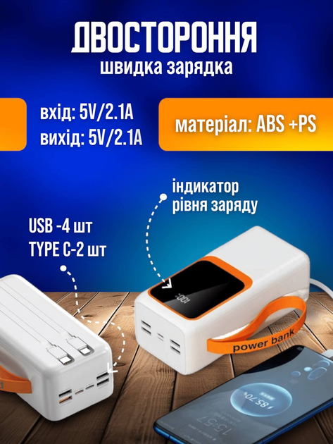 Повербанк умб 50000 mah 22.5w с быстрой зарядкой pd и встроенными кабелями type c lightning Andowl power bank Q-TD88 павербанк для телефона планшета айпада устройств powerbank внешний портативный аккумулятор повербанки большой емкости белый - изображение 3