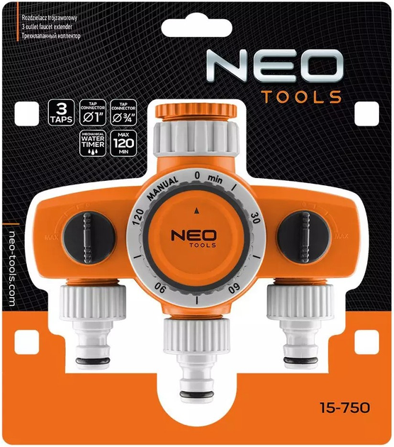 Rozdzielacz NEO Tools 2 wyjścia z blokadą, jedno z wyłącznikiemczasowym 15-750 (5907558464351) - obraz 3