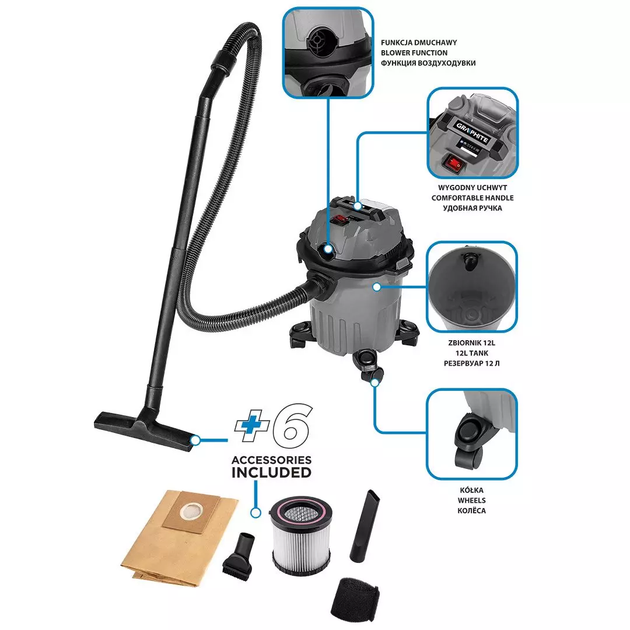 Пилосос для майстерні Graphite акумуляторний Energy+ 18V 12 л 58GE133 (5902062096333) - зображення 17