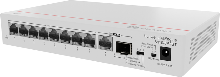 Switch Huawei eKit Engine S110-8P2ST 8 x 10/100/1000BASE-T, 1 x GE SFP, 1 x 10/100/1000BASE-T, PoE+ White (98012269) - obraz 1