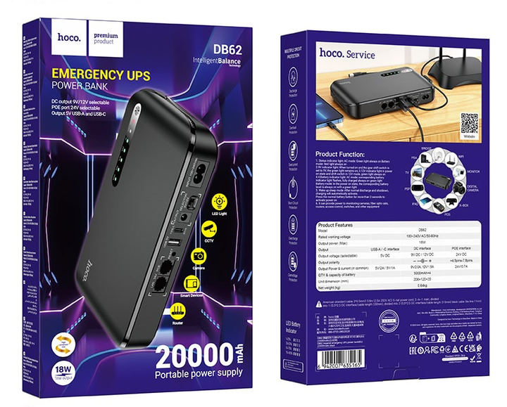 ИБП (UPS) для роутера Hoco DB62 UPS (20000mAh/18W/1USB/1TypeC/5/9/12v/POE 15-24V/LED) black - изображение 4