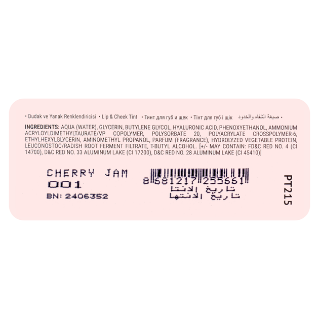 Рідка помада тінт для губ та щік topface Aqua Tint Lip & Cheek на водній основі 10 мл (РТ215), 01 Cherry Jam Вишневий - Фото 5 Рідка помада тінт для губ та щік topface Aqua Tint Lip & Cheek на водній основі 10 мл (РТ215), 01 Cherry Jam Вишневий - изображение 5