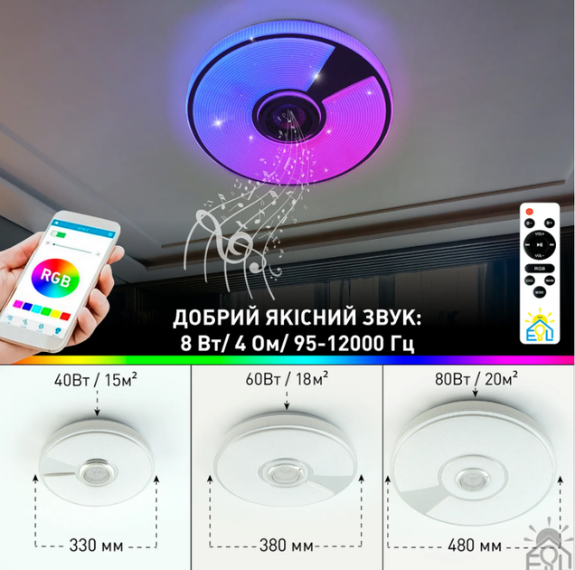 Музична світлодіодна люстра SONG RGB 60W R- SMART-380×70-WHITE/CHROME/SHINY-220-IP20 - зображення 6