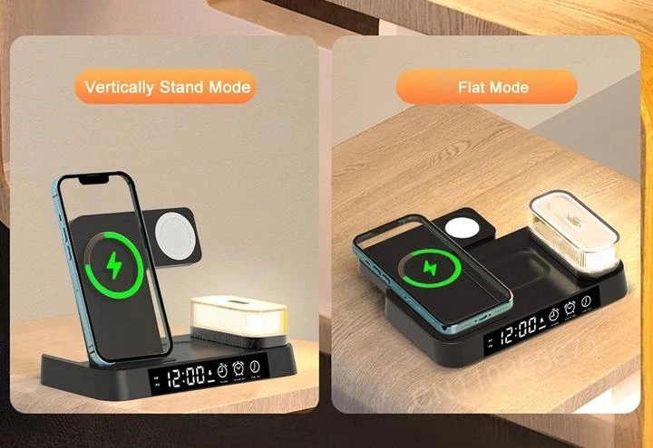 Бездротова зарядка Magsafe - стенд + годинник та нічник - A37 4 in 1 Fast 30W для iPhone Apple Watch AirPods для айфона часів - Чорна - зображення 2