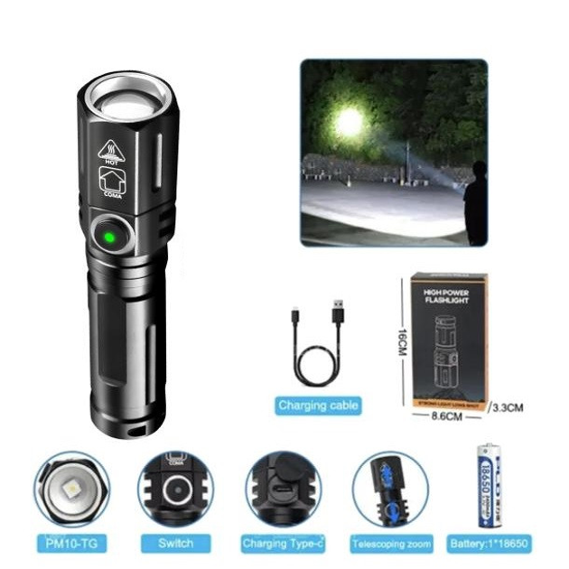 Фонарь ручной PLD-535-2 (белый светодиод PM10-TG, 1x18650, ЗУ Type-C ...