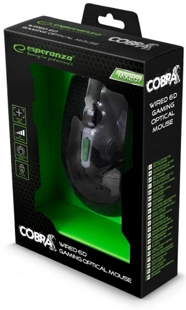 Мышь Esperanza MX207 Cobra USB Black/Green (EGM207G) - Фото 4 Мышь Esperanza MX207 Cobra USB Black/Green (EGM207G) - изображение 4