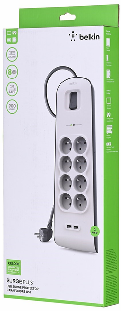 Listwa zasilająca Belkin Power Surge 8-port + 2 x USB-A 18W 900J 2 m Grey/White (BSV804CA2M) - obraz 7
