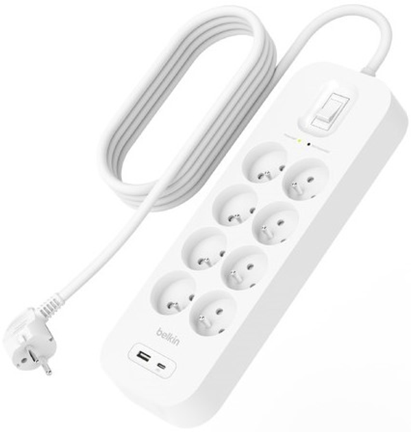 Listwa zasilająca Belkin Power Surge 8-port + 1 x USB-A +1 x USB-C 2.4 A PD 900J 2 m White (SRB003CA2M) - obraz 1