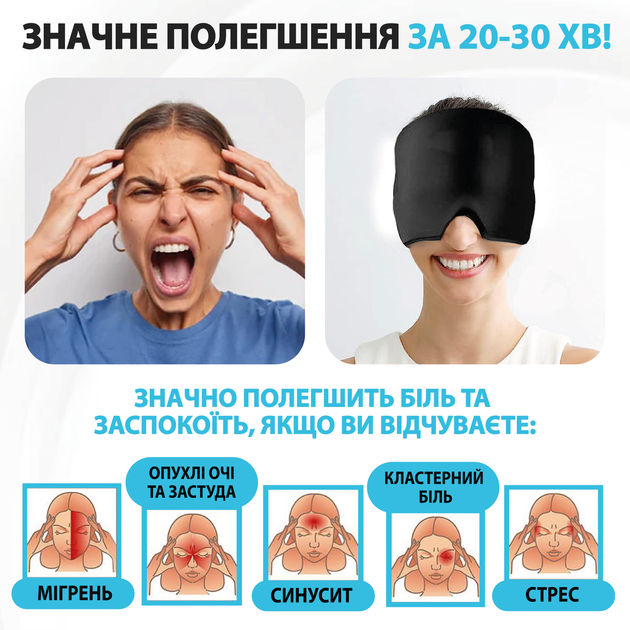 Маска шапочка для облегчения головной боли от мигрени стресса опухших глаз шапка с холодным компрессом черная - изображение 5