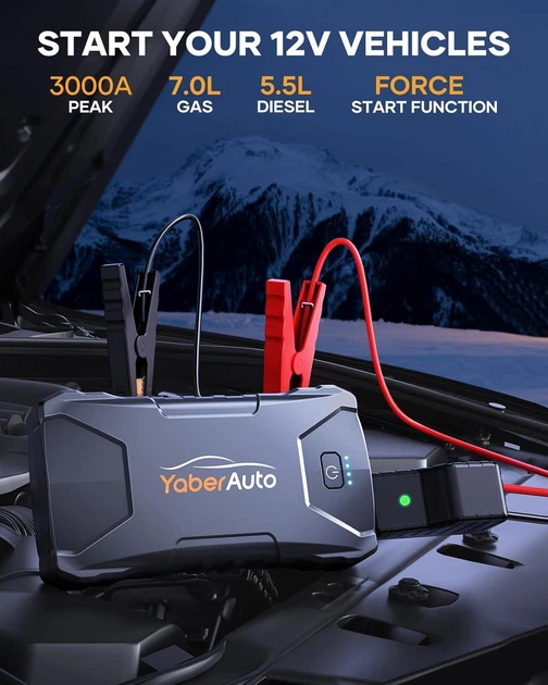 Пусковий пристрій YABER AUTO 3000A Peak 12800mAh Бустер для авто з функцією Power Bank + ліхтар - изображение 2