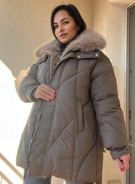 Куртка женская Lady Yep 9051 парка удлиненная широкая оверсайз мех воротник 44-48 коричневая 
