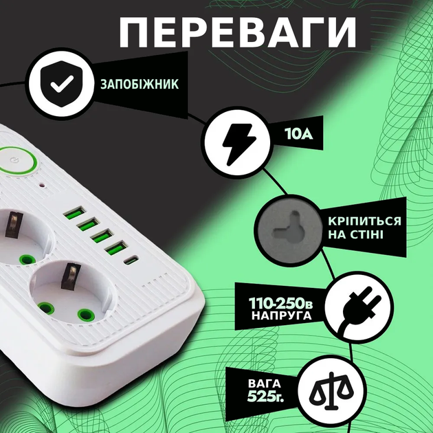 Мережевий фільтр подовжувач із запобіжником 3 розетками 4 USB, 1 Type C трійник, переноска 5000 Вт 5 м Білий - зображення 2