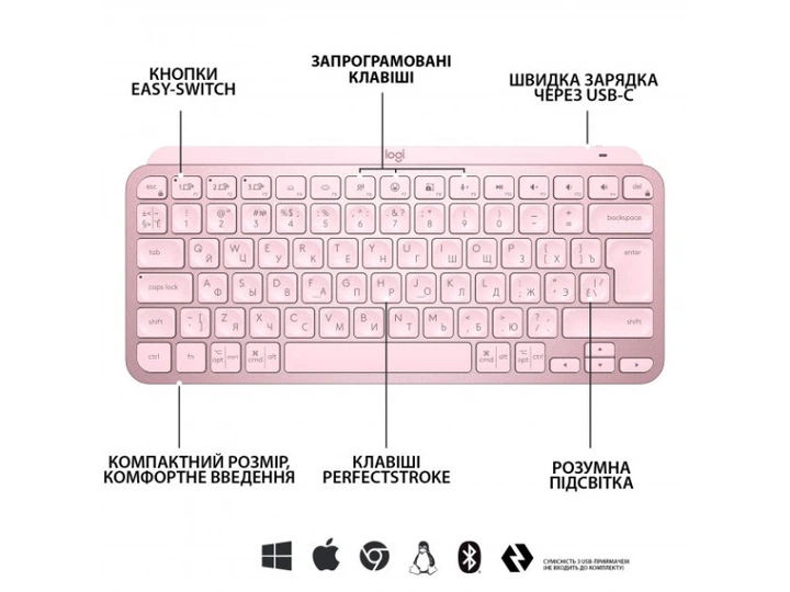 Клавіатура Logitech MX Keys Mini Wireless Illuminated US Rose (920-010500) - Фото 3 Клавіатура Logitech MX Keys Mini Wireless Illuminated US Rose (920-010500) - зображення 3