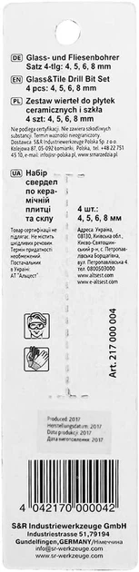 Набор сверл по стеклу и керамике S&R Meister 4-8 мм 4 шт (217000004) - изображение 5