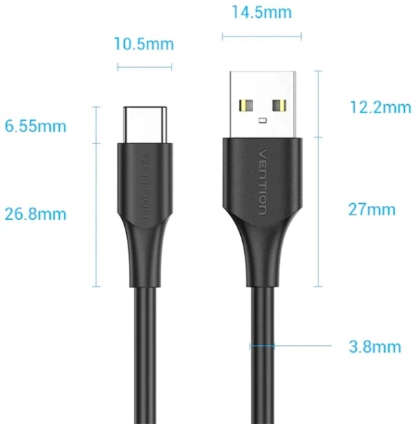 Кабель Vention USB 2.0 AM-Type-C M, 0.5 м, 3.0A, (18W) PVC Чорний (CTHBD) - Фото 3 Кабель Vention USB 2.0 AM-Type-C M, 0.5 м, 3.0A, (18W) PVC Чорний (CTHBD) - зображення 3