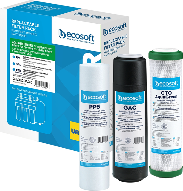 Комплект картриджів Ecosoft 1-2-3 для осмосу Absolute (поліпропілен+GAC+AquaGreen) (CHV3ECOAGR) - изображение 2