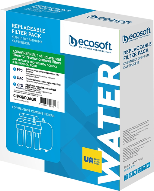 Комплект картриджів Ecosoft 1-2-3 для осмосу Absolute (поліпропілен+GAC+AquaGreen) (CHV3ECOAGR) - изображение 3