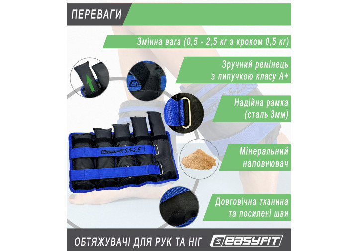 Утяжелители для ног и рук EasyFit наборные 0,5-2,5 кг черно-синие пара - изображение 4
