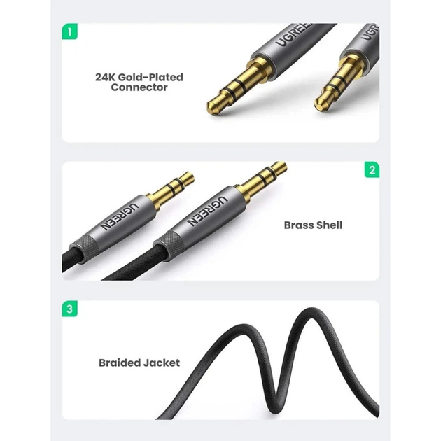 Аудіо кабель UGREEN AV150 3.5mm Metal Connector Alu Case Braided Audio Cable 2m, Silver Gray - Фото 8 Аудіо кабель UGREEN AV150 3.5mm Metal Connector Alu Case Braided Audio Cable 2m, Silver Gray - зображення 8