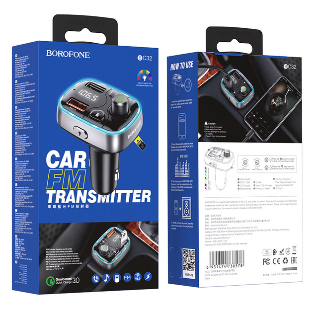 Автомобильный FM-Трансмиттер модулятор в машину Bluetooth BOROFONE BC32 |2USB 2.4A| Черный - изображение 2