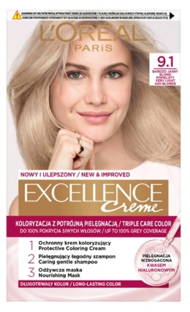 Farba do wlosow L'Oreal Paris Excellence Creme 9.1 Bardzo Jasny Blond Popielaty 192 ml (3600010022602) - obraz 1