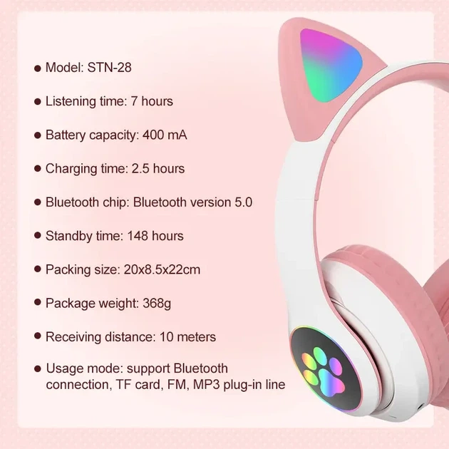 Детские беспроводные наушники с кошачьими ушками Cat ear M23 Bluetooth наушники с RGB подсветкой Pink Розовые - изображение 4