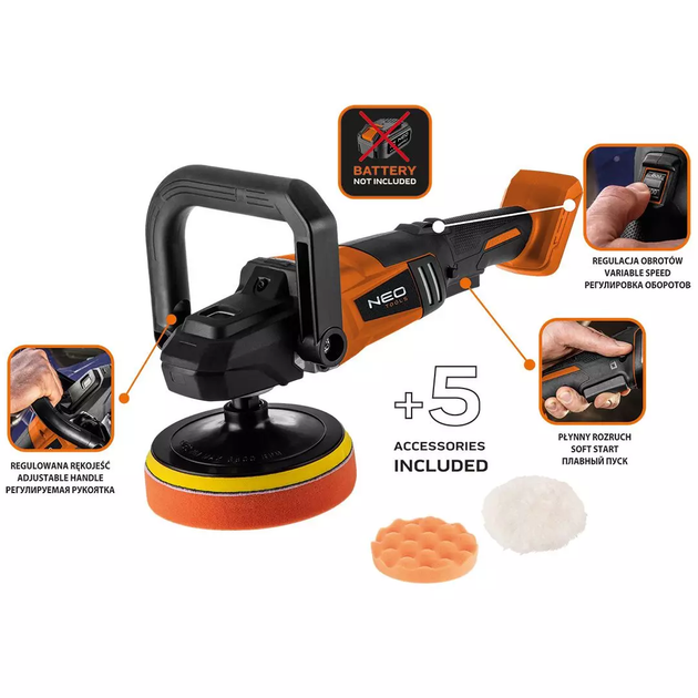Акумуляторна полірувальна машина NEO Tools Energy+ 18V M14 150 мм 04-602 без акумулятора та зарядного пристрою (5907558465518) - зображення 12