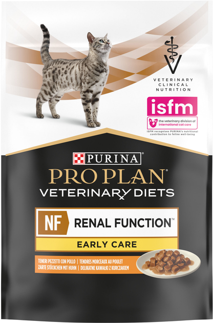 Opakowanie mokrej karmy dietetycznej dla dorosłych kotów Purina Pro Plan Veterinary Diets NF Renal Function Early Care przy patologii nerek z kurczakiem 10 x 85 g (7613287873934) - obraz 6