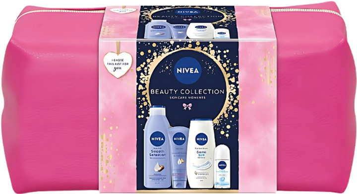 Zestaw kosmetyków do pielęgnacji ciała Nivea Beauty Collection Antyperspirant roll-on 50 ml + Mleczko do ciała 250 ml + Żel pod prysznic 250 ml + Krem do rąk 100 ml + Kosmetyczka (9005800383019) - obraz 1