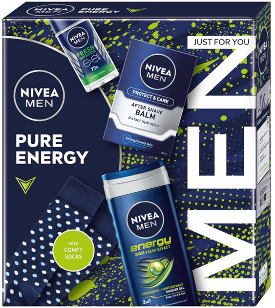 Набір для догляду за тілом Nivea Men Pure Energy Антиперспірант кульковий 50 мл + Гель для душу 250 мл + Бальзам після гоління 100 мл + Шкарпетки (9005800382852) - зображення 1