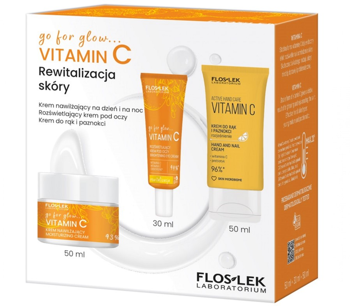 Набір для догляду за тілом Floslek Go For Glow Vitamin C Крем для обличчя зволожуючий 50 мл + Крем для зони навколо очей освітлюючий 30 мл + Крем для рук і нігтів 50 мл (5905043025049) - зображення 1