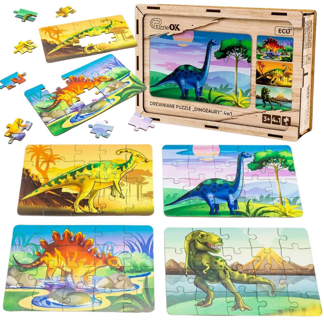 Zestaw puzzli drewnianych PuzzleOK 4 w 1 Dinozaury 20 x 15 cm 15 elementów (4821997459871) - obraz 1