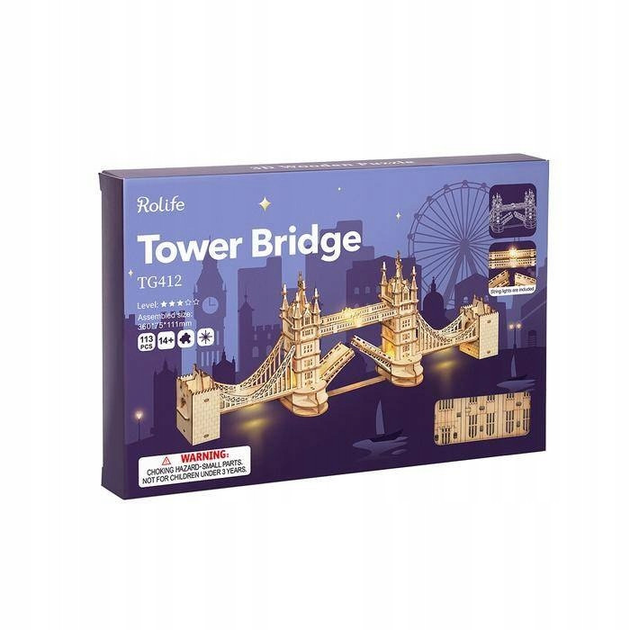 3D Puzzle drewniane Robotime Rolif LED Tower Bridge 11.1 x 7.5 x 36 cm 113 elementów (6974280920591) - obraz 1