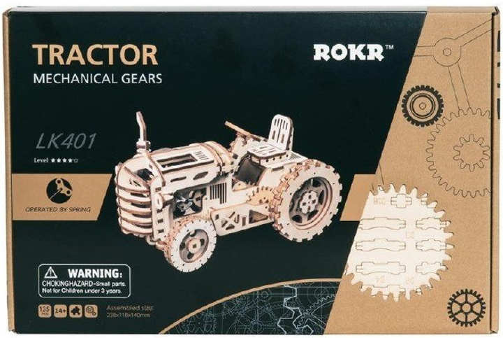 3D Puzzle drewniane Robotime Rokr Mechaniczny traktor 23.8 x 11.6 x 14 cm 136 elementów (6946785165937) - obraz 1