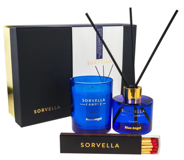 Подарунковий набір Sorvella Perfume Blue Angel Ароматичний дифузор 120 мл + Ароматична свічка 170 г + Сірники (5905489910718) - зображення 1