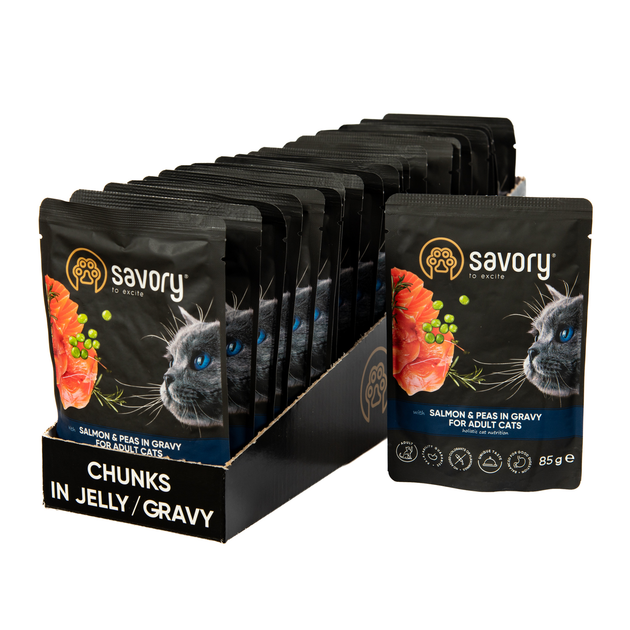 Влажный корм Savory для взрослых кошек лосось с горошком в соусе пауч 85 г x 22 шт - Фото 1 Влажный корм Savory для взрослых кошек лосось с горошком в соусе пауч 85 г x 22 шт - изображение 1