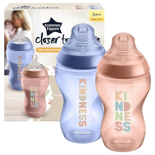 Пляшечки для годування дитячі Tommee Tippee Closer To Nature з силіконовою соскою 3м + Kindness, 2х340мл (5010415226303) - зображення 2