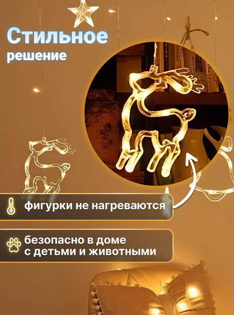 Гирлянда светодиодная с новогодними фигурами: оленем, елкой и колокольчиком, размером 2.5х1м и 138 LED лампочками - Фото 3 Гирлянда светодиодная с новогодними фигурами: оленем, елкой и колокольчиком, размером 2.5х1м и 138 LED лампочками - изображение 3