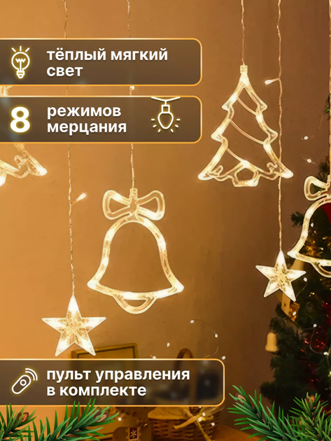 Гирлянда светодиодная с новогодними фигурами: оленем, елкой и колокольчиком, размером 2.5х1м и 138 LED лампочками - Фото 4 Гирлянда светодиодная с новогодними фигурами: оленем, елкой и колокольчиком, размером 2.5х1м и 138 LED лампочками - изображение 4