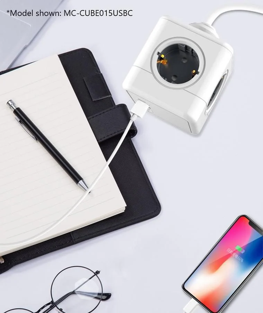 Przedłużacz MicroConnect 4 Way Schuko - 2 x USB Type-A, 1 x USB Type-C 1.5 m White (MC-CUBE015USBC) - obraz 5