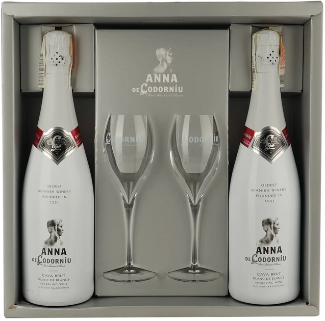 Набір із двох пляшок ігристих вин Anna de Codorniu Blanc de Blancs Brut білий брют 0.75 л 11.5% х 2 шт. у подарунковій упаковці + 2 келихи (8410013018183) - зображення 1
