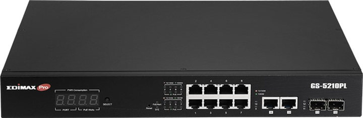 Switch Edimax Surveillance VLAN 12-Port Gigabit PoE+ Long Range Black (GS-5210PL) - obraz 2