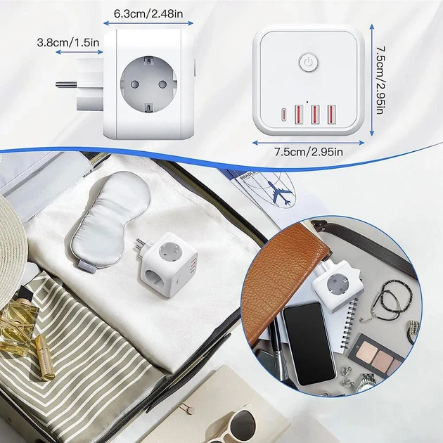 Безопасный тройник 3 гнезда, 220V, 3 USB-A / 1 Type-C, c заземлением, защитные шторки - Фото 4 Безопасный тройник 3 гнезда, 220V, 3 USB-A / 1 Type-C, c заземлением, защитные шторки - изображение 4