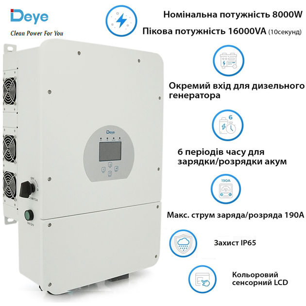 Deye 8 кВт,1 фаза, 48 В, гібрідний інвертор, безперебійник, UPS, ДБЖ (SUN-8K-SG01LP1-EU) - Фото 2 Deye 8 кВт,1 фаза, 48 В, гібрідний інвертор, безперебійник, UPS, ДБЖ (SUN-8K-SG01LP1-EU) - зображення 2