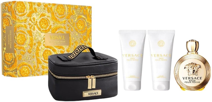 Набір для жінок Versace Eros Pour Femme Парфумована вода 100 мл + Лосьйон для тіла 100 мл + Гель для душу 100 мл + Косметичка (8011003893324) - зображення 1