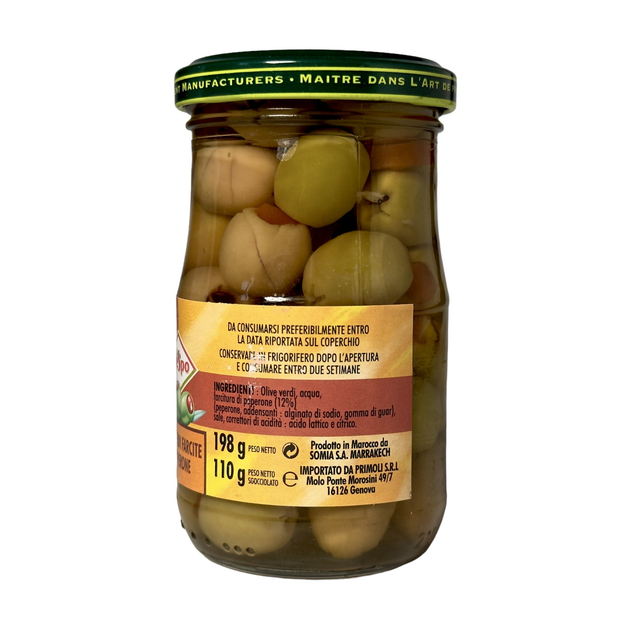 Оливки зелені Crespo фаршировані перцем olive verdi farcine al peperone, 198 г (110 г нетто) - зображення 2