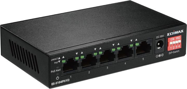 Switch Edimax Long Range 5-Port Fast Ethernet Switch with 4 PoE+ Ports & DIP Switch Black (ES-5104PH V2) - obraz 2