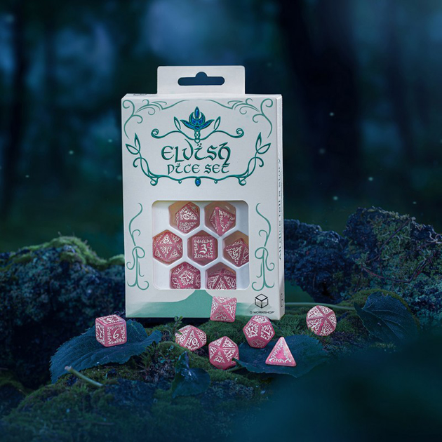 Набір кісток Q-Workshop Elvish Dice Kit Ельфійські 7 деталей Рожево-білі (5907699496907) - зображення 3